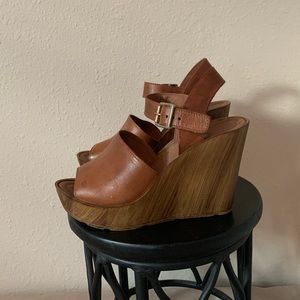 Topshop Retro Wooden Brown Ankle Strap Wedges